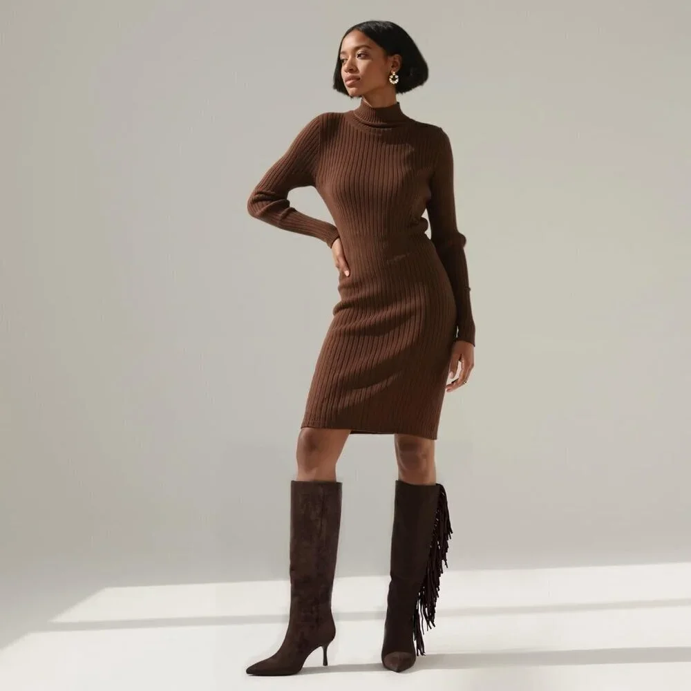 Women Suede Brown Knee High Boots Kitten Heels Tall Pointed Toe Long Boots